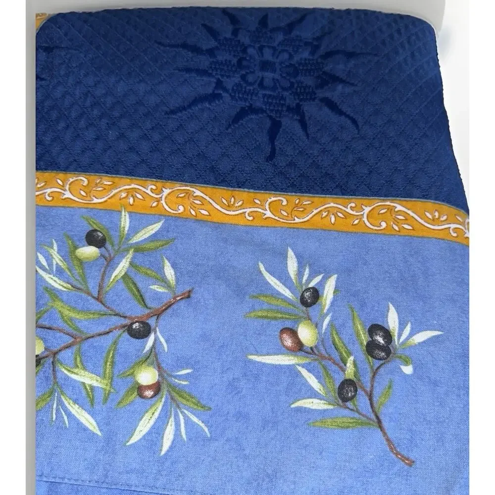 Nappe Olive Leaf Rectangle Blue French Country Tablecloth Handmade 112”X61”